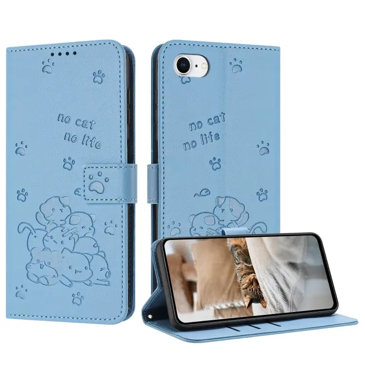 Embossed Kitten Phone Leather Case with Lanyard For iPhone 14 Pro Max For iPhone SE 2022 / 2020 For iPhone 13 Pro Max
