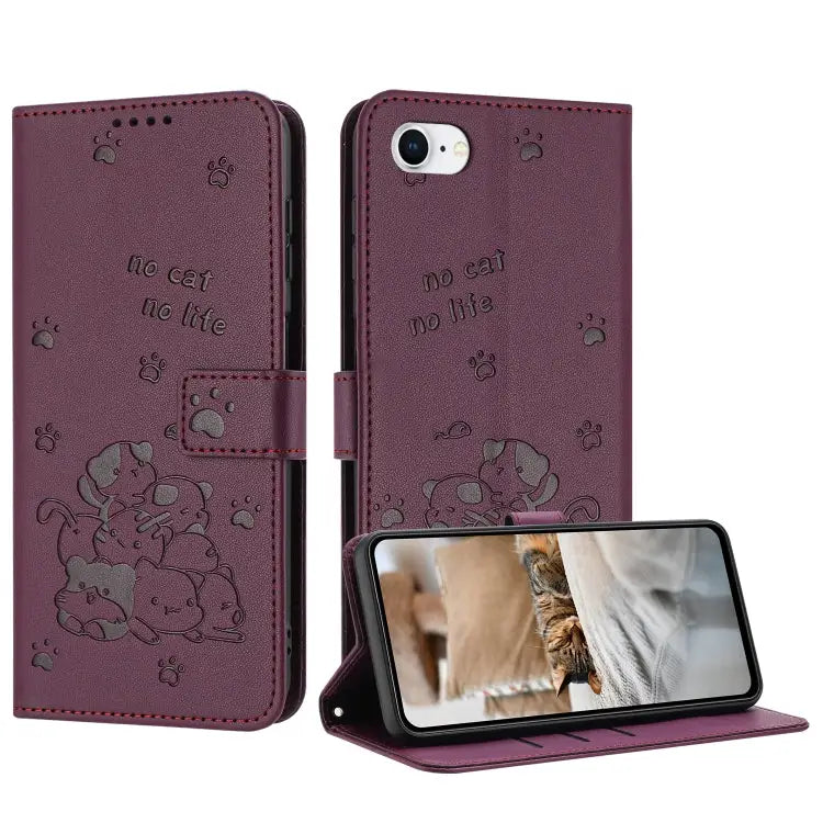 Embossed Kitten Phone Leather Case with Lanyard For iPhone 14 Pro Max For iPhone SE 2022 / 2020 For iPhone 13 Pro Max