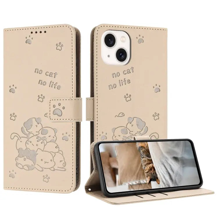 Embossed Kitten Phone Leather Case with Lanyard For iPhone 15 For iPhone 14 Plus For iPhone 14 / 13 For iPhone 14 Pro