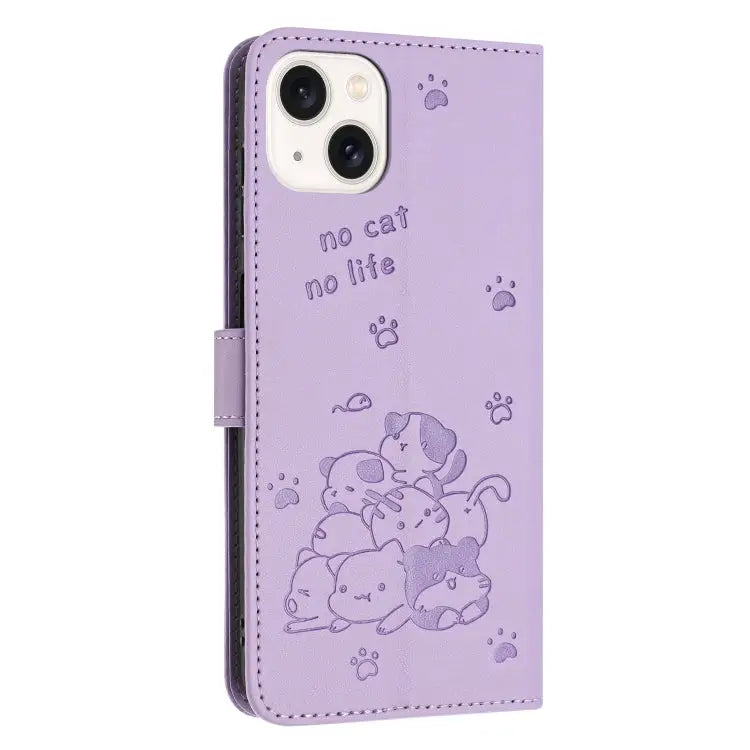 Embossed Kitten Phone Leather Case with Lanyard For iPhone 15 For iPhone 14 Plus For iPhone 14 / 13 For iPhone 14 Pro