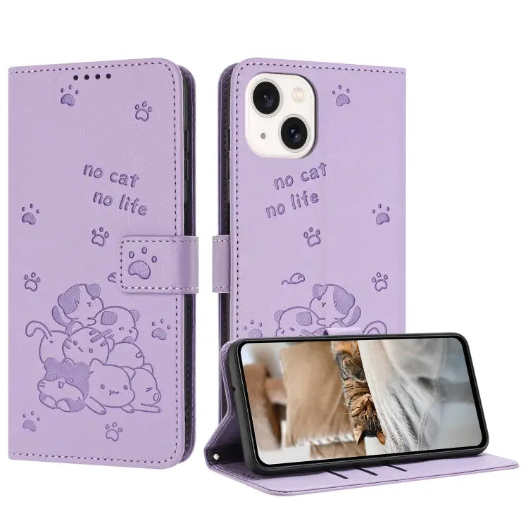 Embossed Kitten Phone Leather Case with Lanyard For iPhone 15 For iPhone 14 Plus For iPhone 14 / 13 For iPhone 14 Pro