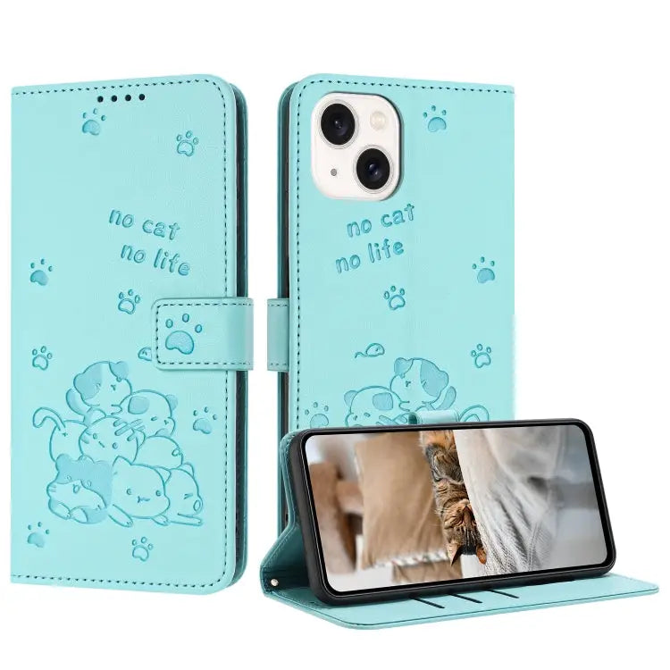 Embossed Kitten Phone Leather Case with Lanyard For iPhone 15 For iPhone 14 Plus For iPhone 14 / 13 For iPhone 14 Pro