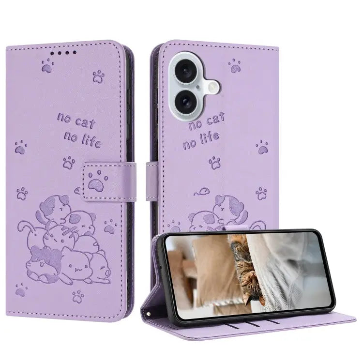 Embossed Kitten Phone Leather Case with Lanyard For iPhone 16 For iPhone 15 Pro Max For iPhone 15 Pro For iPhone 15