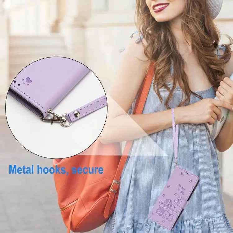 Embossed Kitten Phone Leather Case with Lanyard For iPhone 16 For iPhone 15 Pro Max For iPhone 15 Pro For iPhone 15
