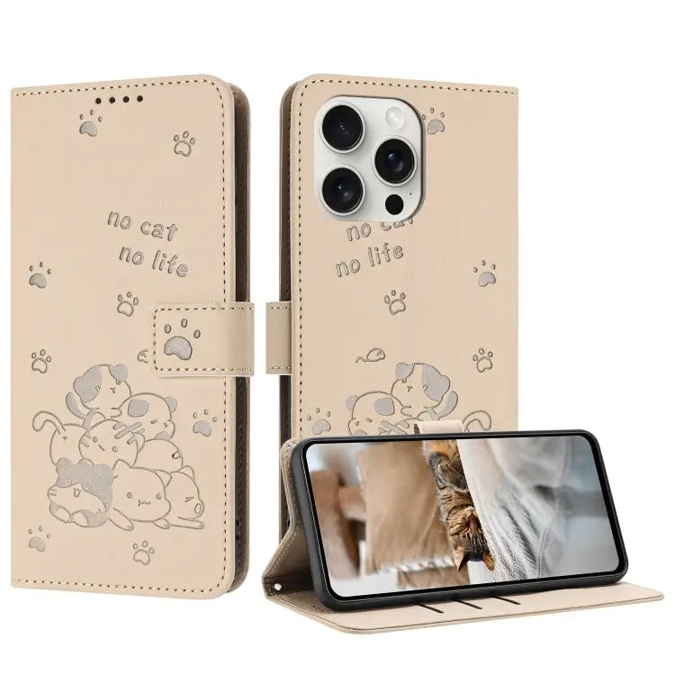 Embossed Kitten Phone Leather Case with Lanyard For iPhone 16 For iPhone 15 Pro Max For iPhone 15 Pro For iPhone 15