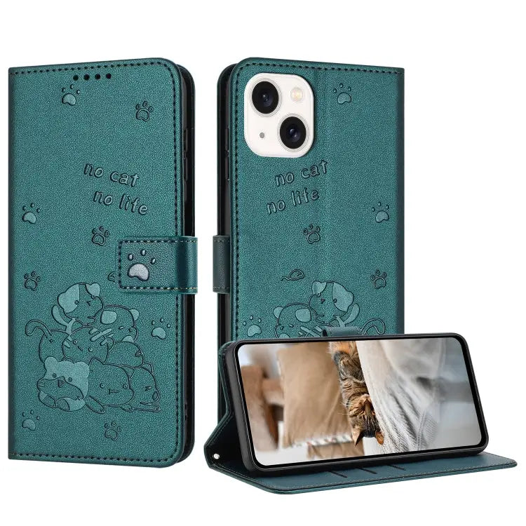 Embossed Kitten Phone Leather Case with Lanyard For iPhone 16 For iPhone 15 Pro Max For iPhone 15 Pro For iPhone 15