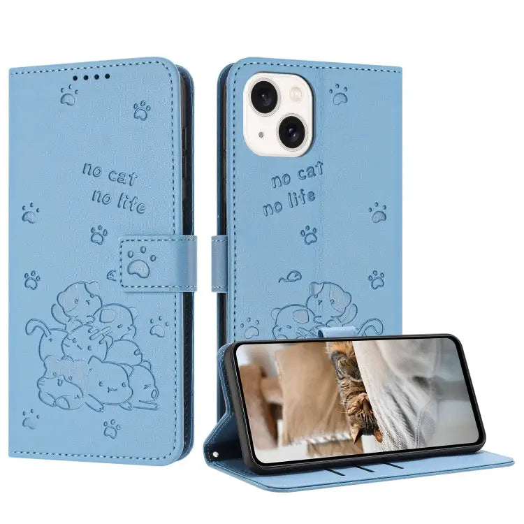 Embossed Kitten Phone Leather Case with Lanyard For iPhone 16 For iPhone 15 Pro Max For iPhone 15 Pro For iPhone 15