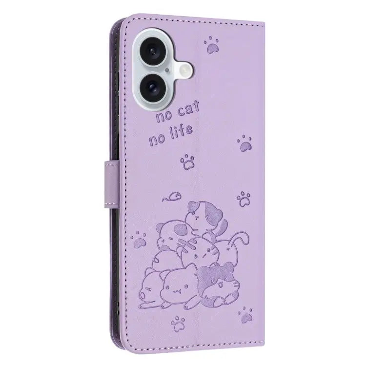 Embossed Kitten Phone Leather Case with Lanyard For iPhone 16 For iPhone 15 Pro Max For iPhone 15 Pro For iPhone 15