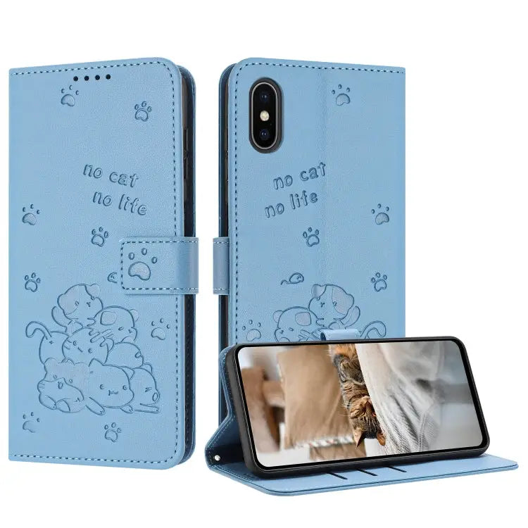 Embossed Kitten Phone Leather Case with Lanyard For iPhone XS Max For iPhone 8 Plus / 7 Plus - For iPhone XS Max / Blue