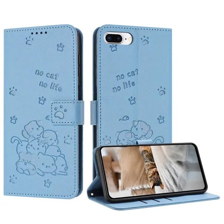 Embossed Kitten Phone Leather Case with Lanyard For iPhone XS Max For iPhone 8 Plus / 7 Plus - For iPhone 8 Plus / 7