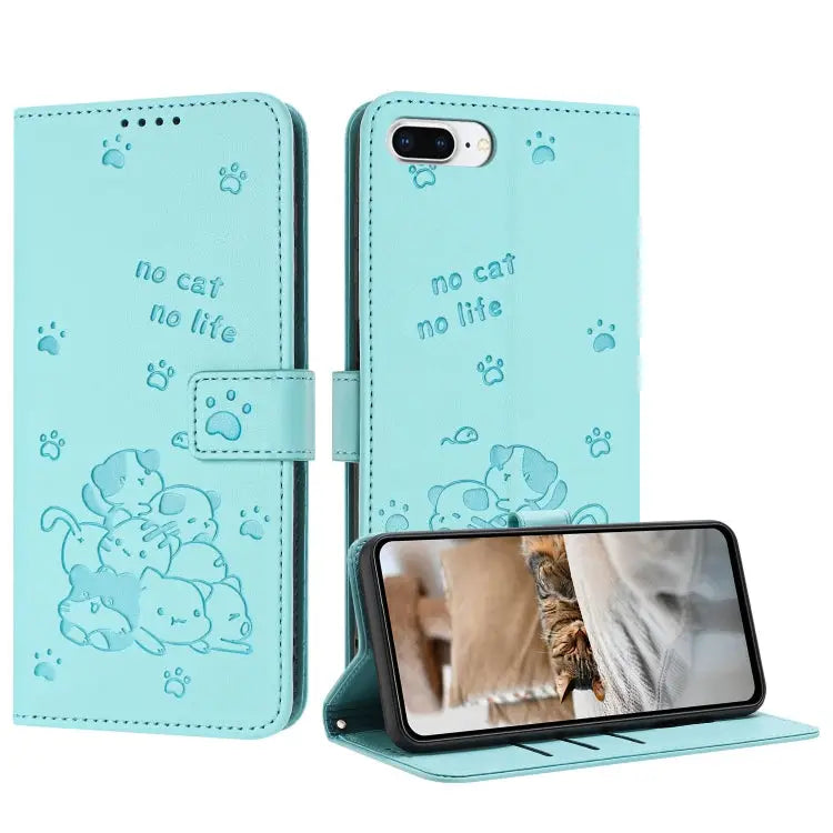 Embossed Kitten Phone Leather Case with Lanyard For iPhone XS Max For iPhone 8 Plus / 7 Plus - For iPhone 8 Plus / 7
