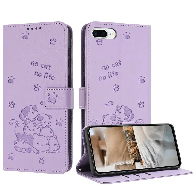 Embossed Kitten Phone Leather Case with Lanyard For iPhone XS Max For iPhone 8 Plus / 7 Plus - For iPhone 8 Plus / 7