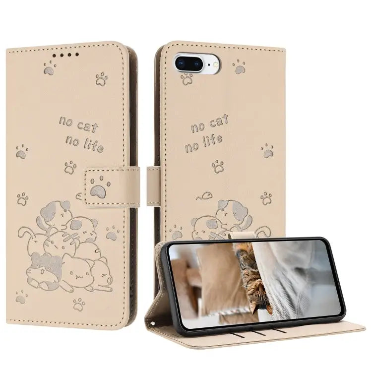 Embossed Kitten Phone Leather Case with Lanyard For iPhone XS Max For iPhone 8 Plus / 7 Plus - For iPhone 8 Plus / 7