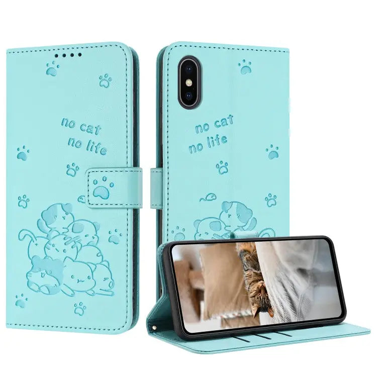 Embossed Kitten Phone Leather Case with Lanyard For iPhone XS Max For iPhone 8 Plus / 7 Plus - For iPhone XS Max / Mint