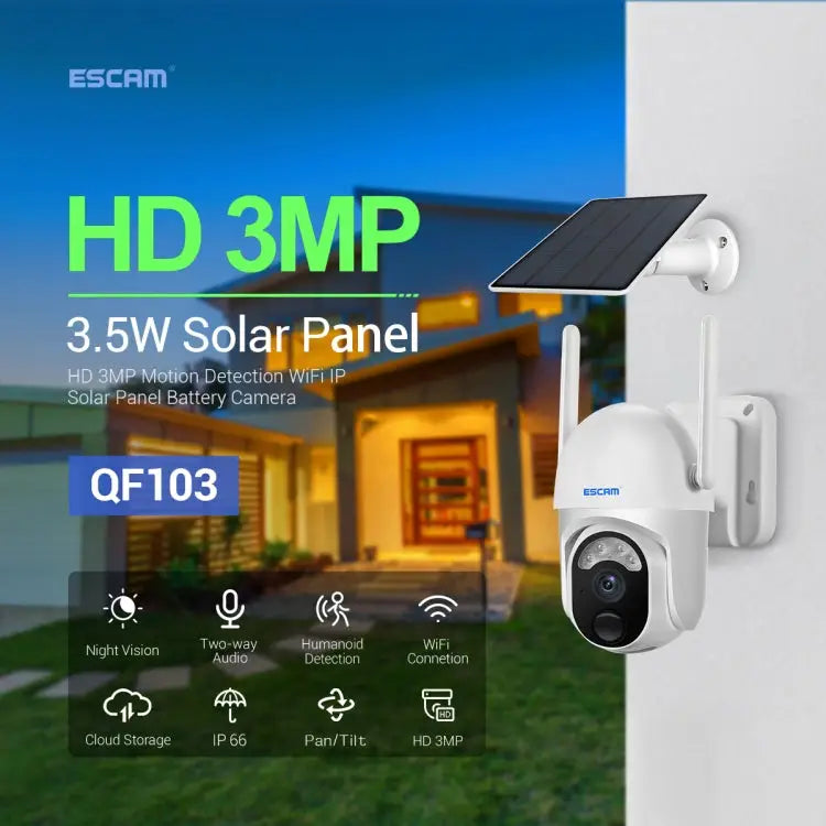ESCAM QF103 3MP Cloud Storage PT WIFI PIR Alarm IP Camera with Solar Panel Battery Support Full Color Night Vision &