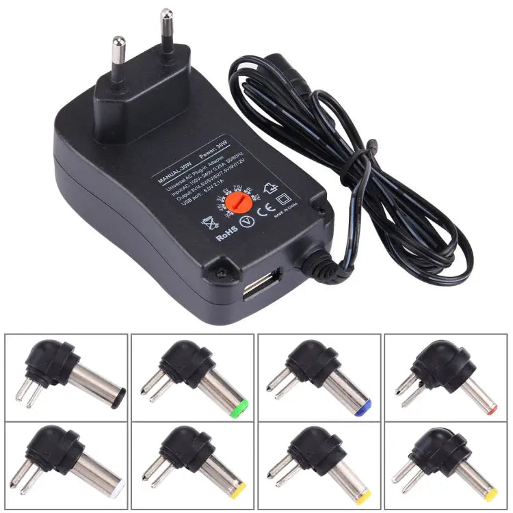 EU Plug Universal 30W Power Wall Plug-in Adapter with 5V 2.1A USB Port Tips: 6 PCS Cable Length: About 1.2m EU Plug