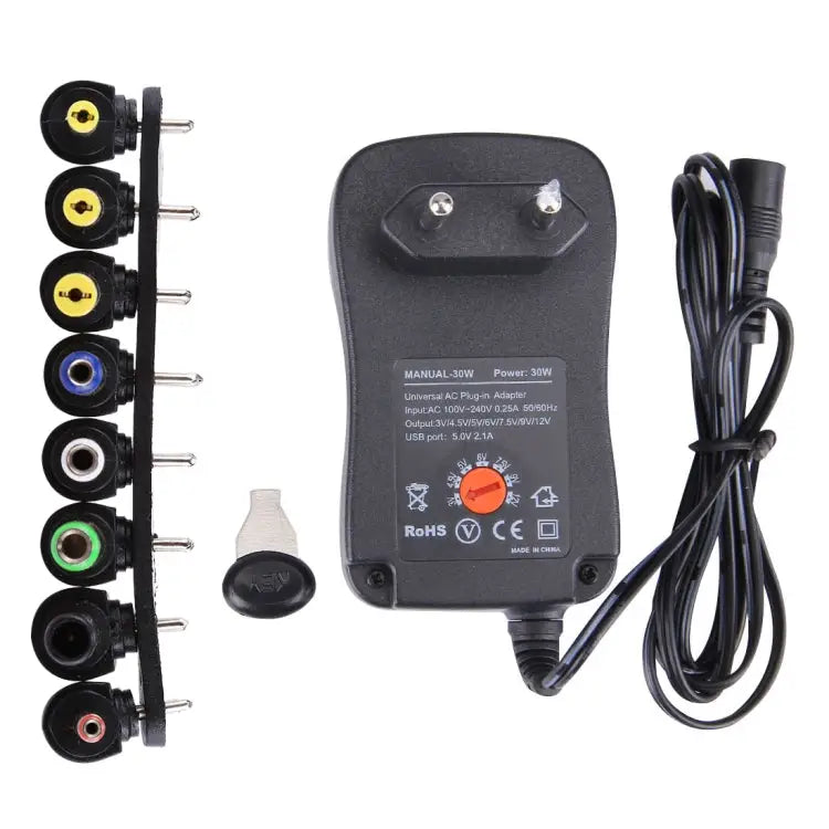 EU Plug Universal 30W Power Wall Plug-in Adapter with 5V 2.1A USB Port Tips: 6 PCS Cable Length: About 1.2m EU Plug