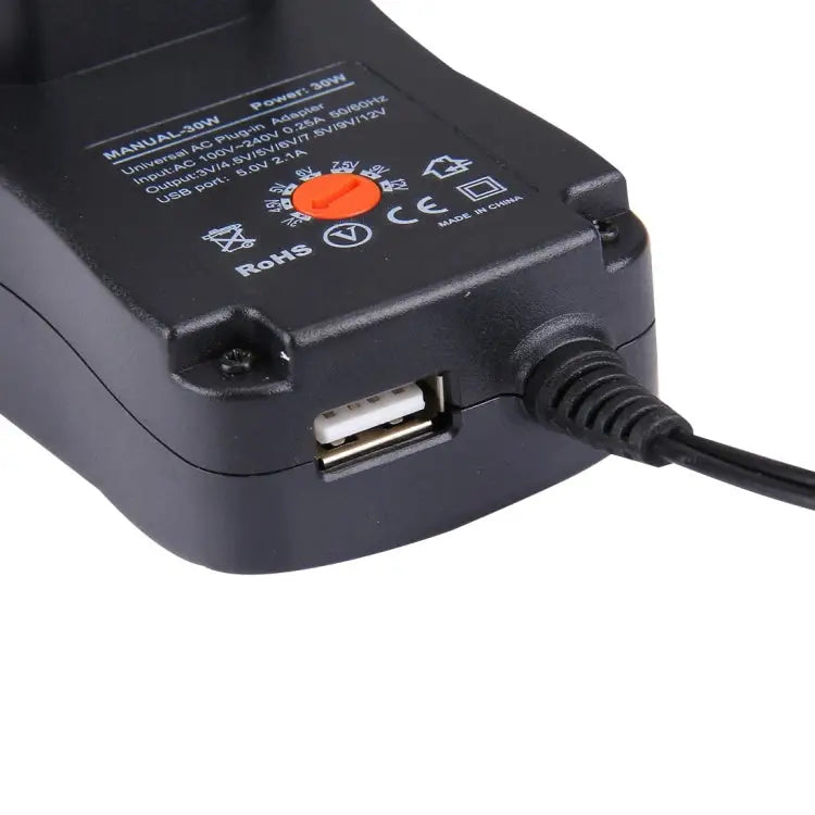 EU Plug Universal 30W Power Wall Plug-in Adapter with 5V 2.1A USB Port Tips: 6 PCS Cable Length: About 1.2m EU Plug