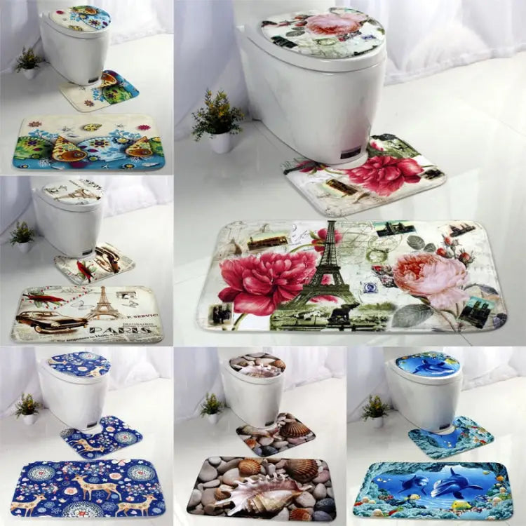 European and American Style Underwater World Printing Pattern Toilet Mat Three-piece Suit