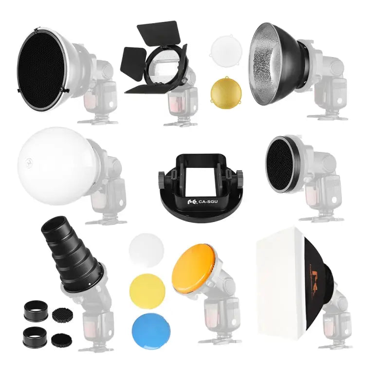 Falcon Eyes SG-100 Speedlite Accessories-kit Universal Adapter Mount / Barndoor / Snoot/ Honeycomb / Standard Reflector