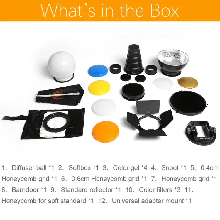Falcon Eyes SG-100 Speedlite Accessories-kit Universal Adapter Mount / Barndoor / Snoot/ Honeycomb / Standard Reflector