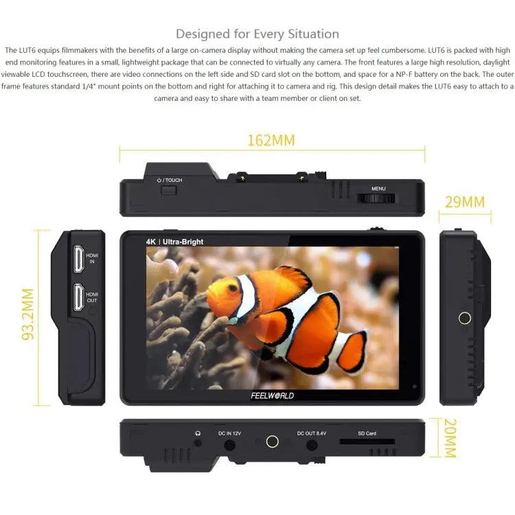 FEELWORLD LUT6 1920x1080 2600 nits 6 inch IPS Screen HDMI 4K Touch Control Camera Field Monitor LUT6 - LUT6