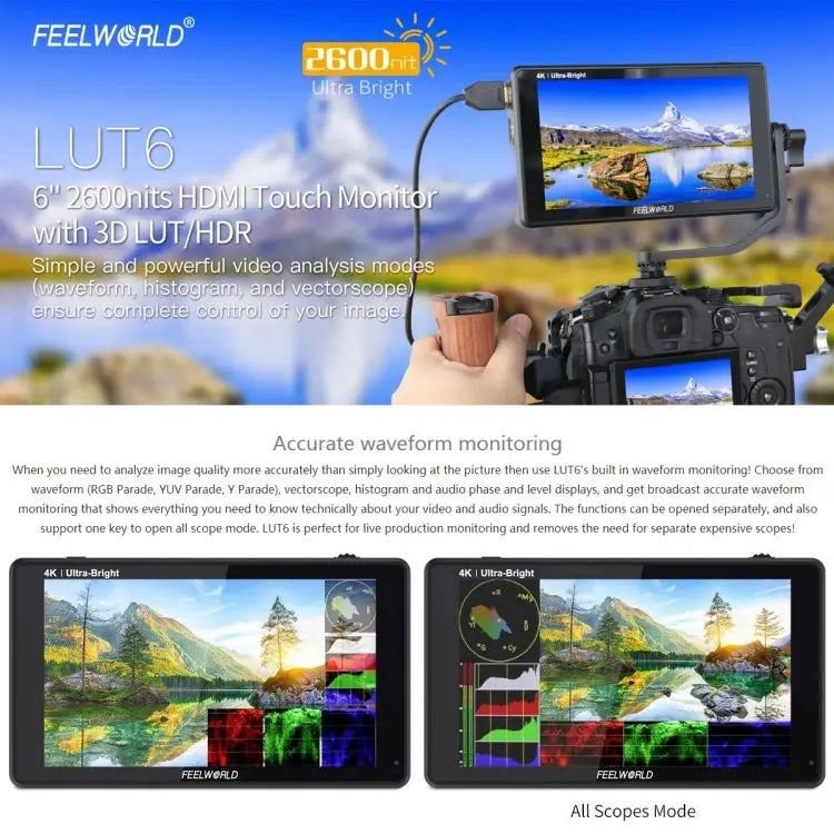 FEELWORLD LUT6 1920x1080 2600 nits 6 inch IPS Screen HDMI 4K Touch Control Camera Field Monitor LUT6 - LUT6