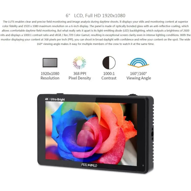 FEELWORLD LUT6 1920x1080 2600 nits 6 inch IPS Screen HDMI 4K Touch Control Camera Field Monitor LUT6 - LUT6
