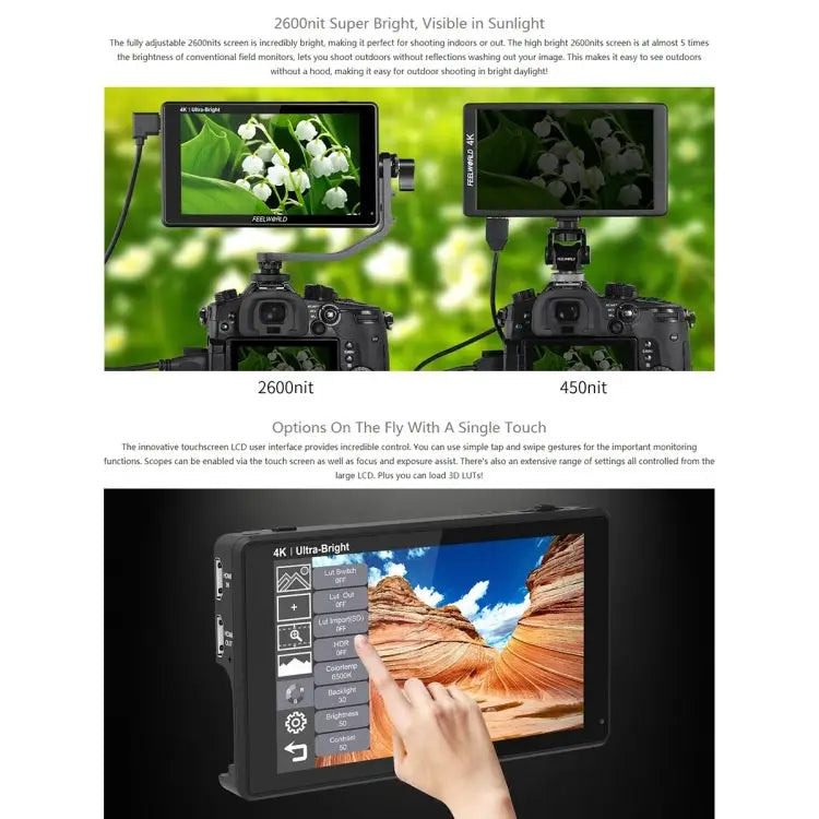 FEELWORLD LUT6 1920x1080 2600 nits 6 inch IPS Screen HDMI 4K Touch Control Camera Field Monitor LUT6 - LUT6