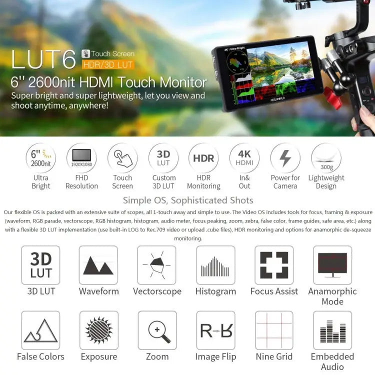 FEELWORLD LUT6 1920x1080 2600 nits 6 inch IPS Screen HDMI 4K Touch Control Camera Field Monitor LUT6 - LUT6