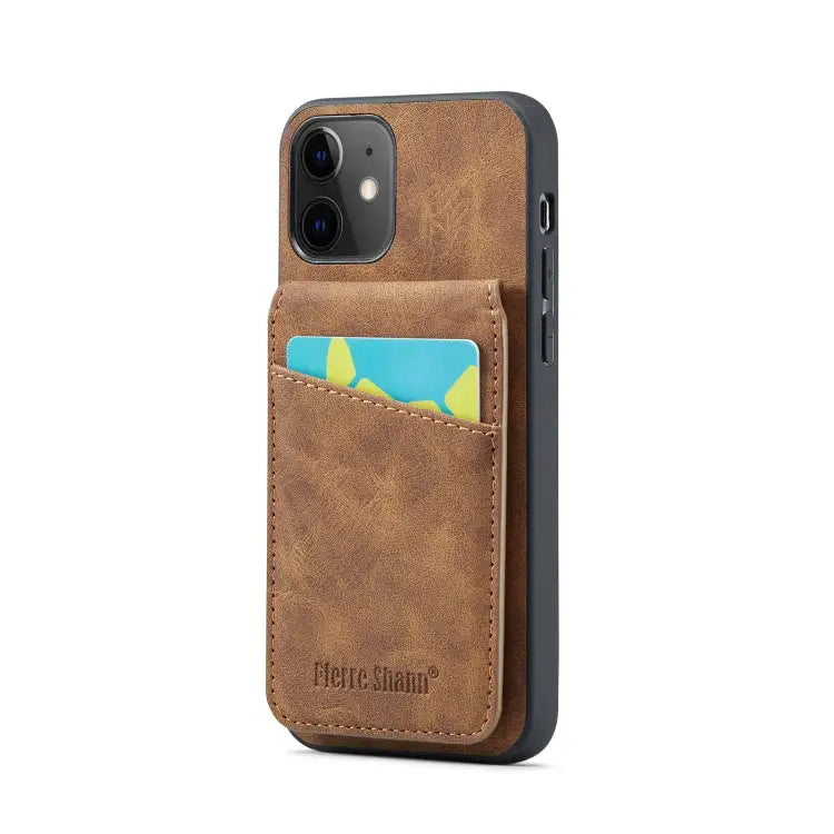 Fierre Shann Crazy Horse Card Holder Back Cover PU Phone Case For iPhone 13 For iPhone 13 Pro For iPhone 13 Pro Max