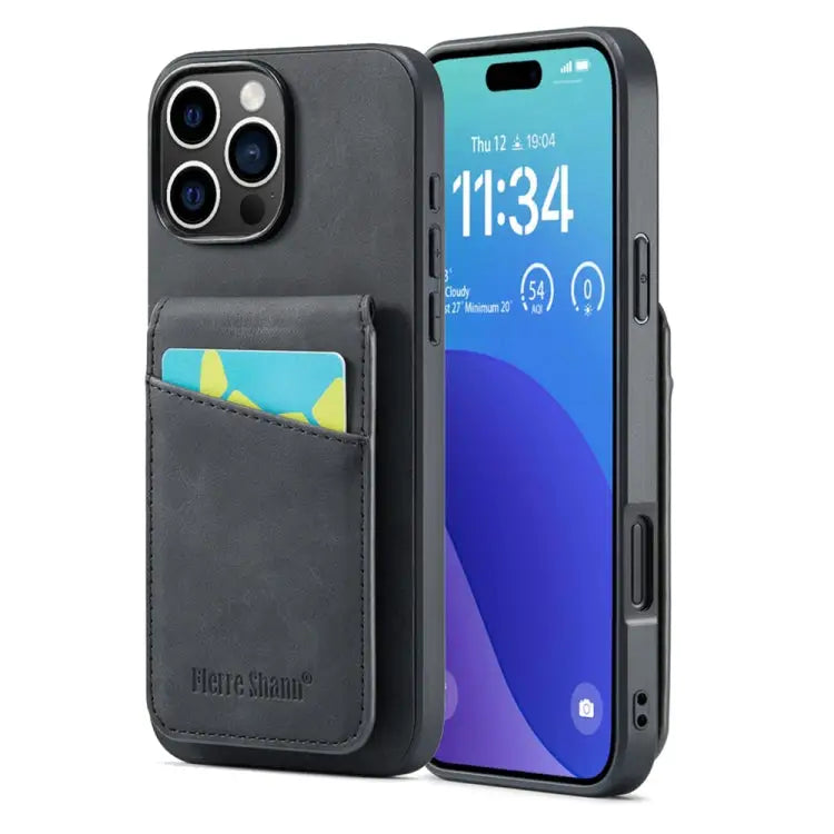 Fierre Shann Crazy Horse Card Holder Back Cover PU Phone Case For iPhone 16 Pro Max For iPhone 16 Pro For iPhone 16