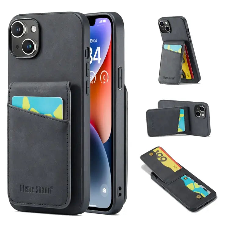 Fierre Shann Crazy Horse Card Holder Back Cover PU Phone Case For iPhone 13 For iPhone 13 Pro For iPhone 13 Pro Max