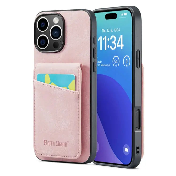 Fierre Shann Crazy Horse Card Holder Back Cover PU Phone Case For iPhone 16 Pro Max For iPhone 16 Pro For iPhone 16