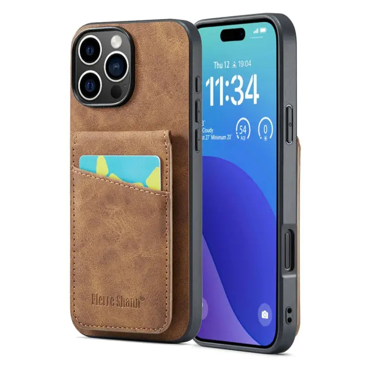 Fierre Shann Crazy Horse Card Holder Back Cover PU Phone Case For iPhone 16 Pro Max For iPhone 16 Pro For iPhone 16