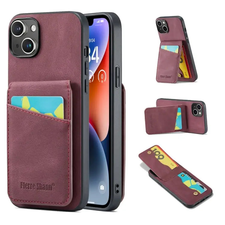 Fierre Shann Crazy Horse Card Holder Back Cover PU Phone Case For iPhone 15 Pro Max For iPhone 15 Pro For iPhone 15