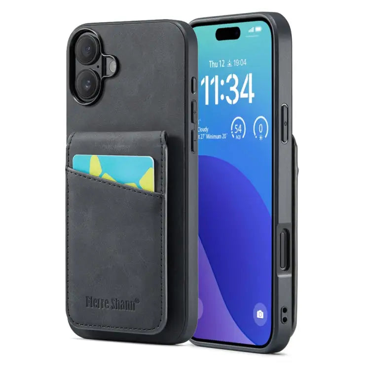Fierre Shann Crazy Horse Card Holder Back Cover PU Phone Case For iPhone 16 Pro Max For iPhone 16 Pro For iPhone 16
