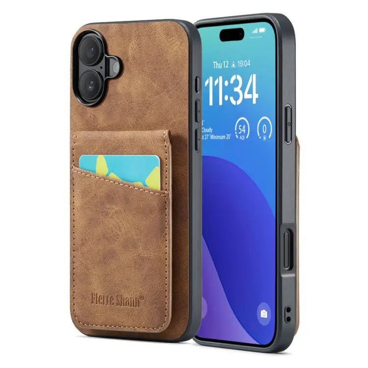 Fierre Shann Crazy Horse Card Holder Back Cover PU Phone Case For iPhone 16 Pro Max For iPhone 16 Pro For iPhone 16