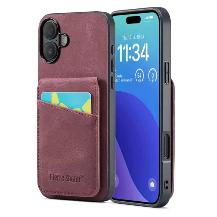 Fierre Shann Crazy Horse Card Holder Back Cover PU Phone Case For iPhone 16 Pro Max For iPhone 16 Pro For iPhone 16