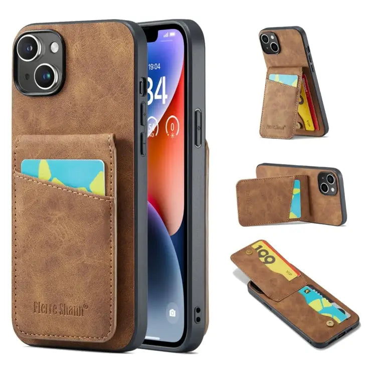 Fierre Shann Crazy Horse Card Holder Back Cover PU Phone Case For iPhone 15 Pro Max For iPhone 15 Pro For iPhone 15