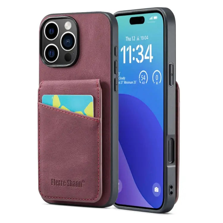 Fierre Shann Crazy Horse Card Holder Back Cover PU Phone Case For iPhone 16 Pro Max For iPhone 16 Pro For iPhone 16