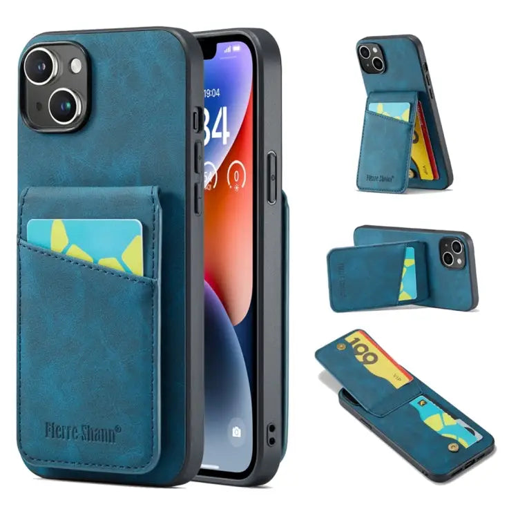 Fierre Shann Crazy Horse Card Holder Back Cover PU Phone Case For iPhone 15 Pro Max For iPhone 15 Pro For iPhone 15