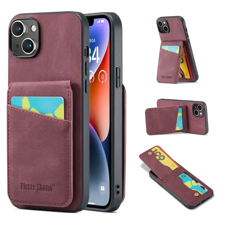 Fierre Shann Crazy Horse Card Holder Back Cover PU Phone Case For iPhone 13 For iPhone 13 Pro For iPhone 13 Pro Max