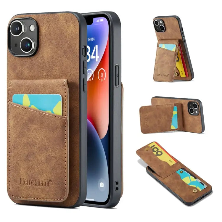 Fierre Shann Crazy Horse Card Holder Back Cover PU Phone Case For iPhone 13 For iPhone 13 Pro For iPhone 13 Pro Max