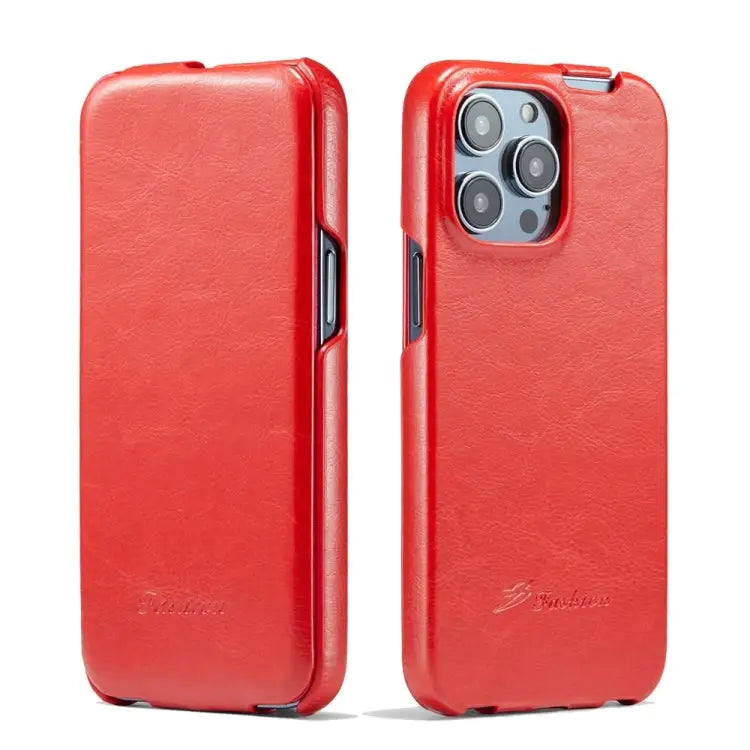 Fierre Shann Oil Wax Texture Vertical Flip PU Phone Case For iPhone 15 Pro Max For iPhone 15 Pro For iPhone 15 Plus
