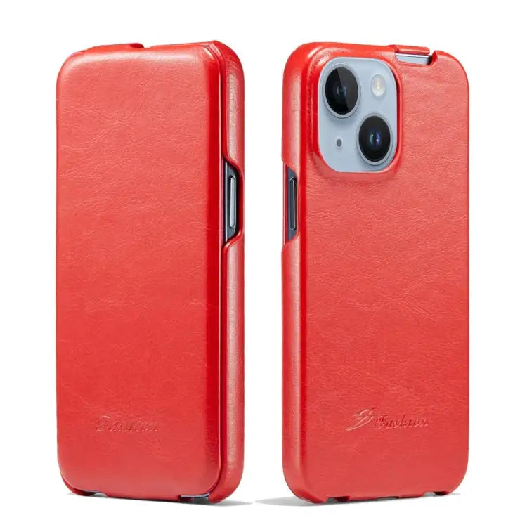 Fierre Shann Oil Wax Texture Vertical Flip PU Phone Case For iPhone 15 Pro Max For iPhone 15 Pro For iPhone 15 Plus