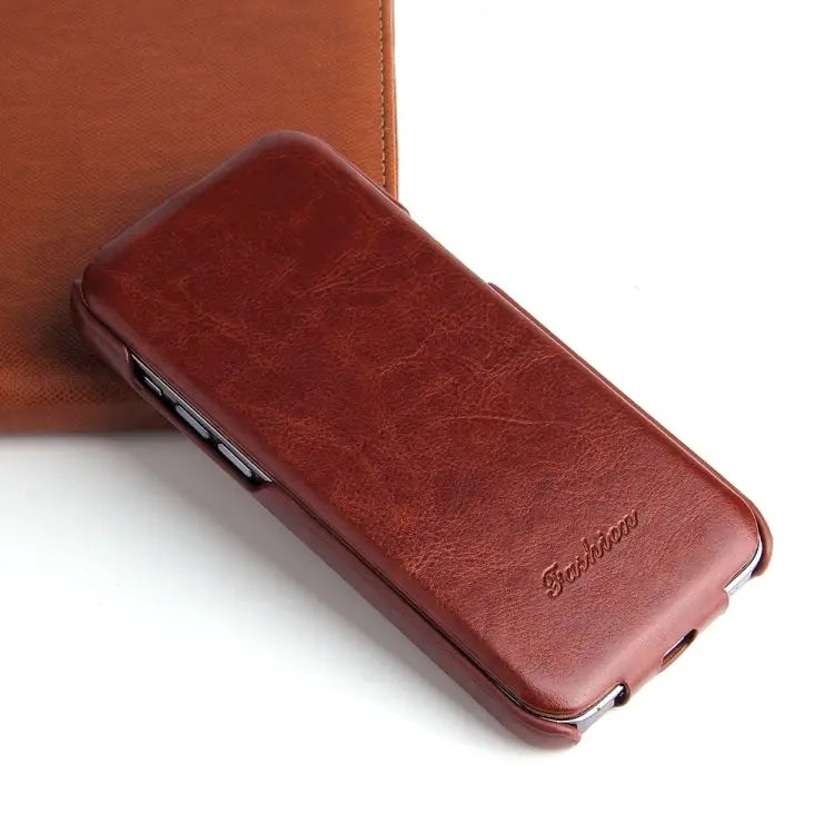 Fierre Shann Oil Wax Texture Vertical Flip PU Phone Case For iPhone 15 Pro Max For iPhone 15 Pro For iPhone 15 Plus