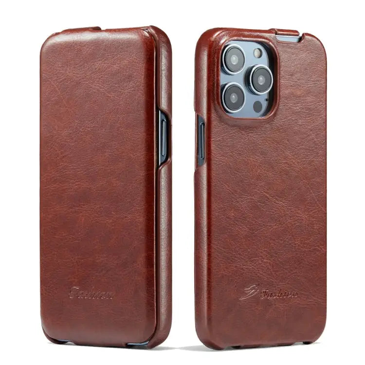 Fierre Shann Oil Wax Texture Vertical Flip PU Phone Case For iPhone 15 Pro Max For iPhone 15 Pro For iPhone 15 Plus