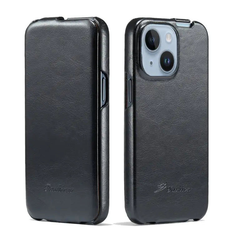 Fierre Shann Oil Wax Texture Vertical Flip PU Phone Case For iPhone 15 Pro Max For iPhone 15 Pro For iPhone 15 Plus