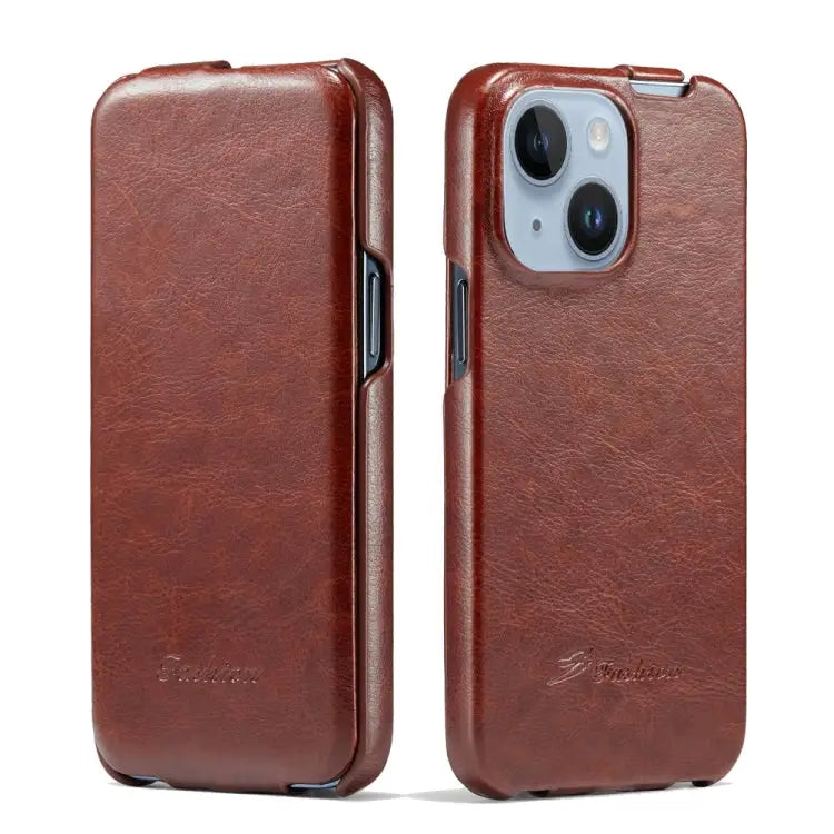 Fierre Shann Oil Wax Texture Vertical Flip PU Phone Case For iPhone 15 Pro Max For iPhone 15 Pro For iPhone 15 Plus